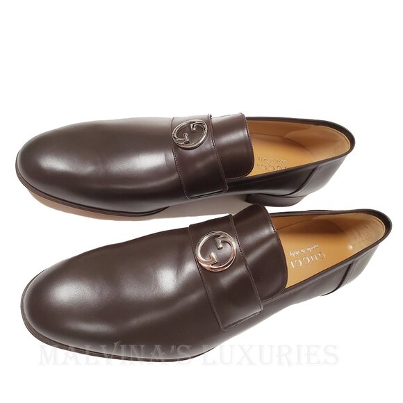 GUCCI SHOES MENS INTERLOCKING G LOGO PLAQUE BROWN LEATHER LOAFERS sz 12.5 / 13 U - Picture 5 of 15